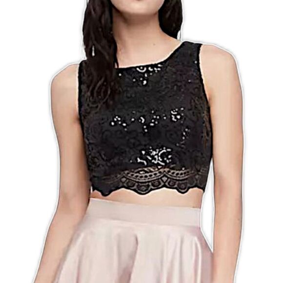 Lace Sequin Cropped Top Sz 13 L Black Romantic Witchy Goth Whimsigoth Sexy Bling - Picture 11 of 16